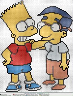 the simpsons cross stitch pattern with two people touching each other's hands, one is wearing