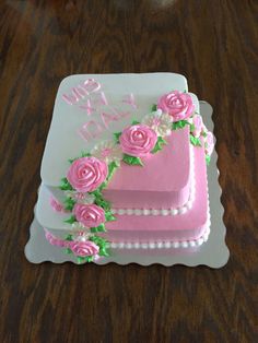 a birthday cake with pink roses on it