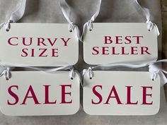 four sale tags with the words curry, size, best seller and sale written on them