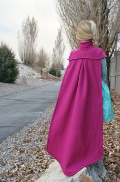 a woman in a pink cape and blue dress standing on a rock with her back to the camera