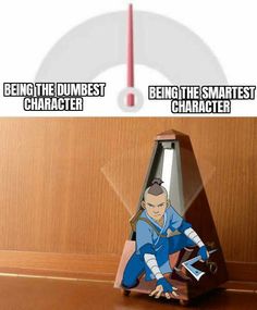 a cartoon character standing in front of a clock that says, being the dumbest character being the smartest character