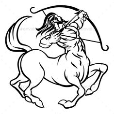 a black and white drawing of a man riding a horse with an arrow in his hand