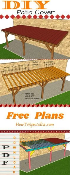 the plans for an outdoor patio cover are shown in two different sizes and colors, including red