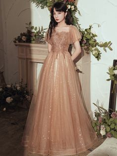 Light Champagne Tulle Short Sleeves Party Dress, A-line Long Evening Gowns on Luulla Flower Prom Dress, Elegant Prom, Pink Fairy, Mauve Dress, Custom Size Dresses, Tulle Prom Dress, Mauve Pink, Evening Party Dress, Formal Outfit