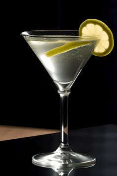 a martini glass with a lime slice on the rim and a black table in the background