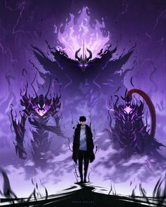 a man standing on top of a hill next to a giant purple demon in the sky