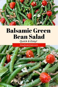 balsamic green bean salad with tomatoes and parmesan cheese on the side