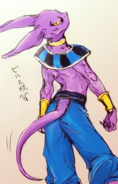 a drawing of a man with purple hair and blue pants