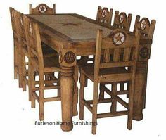 a wooden table with chairs and a clock on the back end is set against a white background