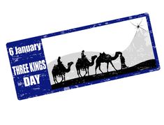 a blue and white ticket with three kings riding camels in the desert on it