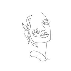 a line drawing of a woman's face with leaves in her hair and eyes closed