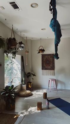 a room with plants and hanging decorations in it