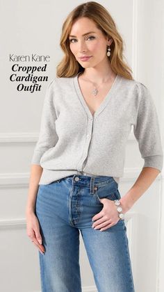 Stay stylish and comfortable with this versatile. This cardigan has a timeless design and is perfect for creating endless outfit options. The puff sleeves complete the look, allowing you to pair this cardigan with these straight leg jeans for a classic jean outfit.  This cardigan will quickly become your go-to for any occasion.

Copy URL to shop jeans-
 • https://www.karenkane.com/collections/clothing-pants/products/classic-straight-jeans-l48141-medium-blue Light Gray Cardigan Outfit, Cropped Cardigan Outfit, Outfits With Grey Cardigan, Light Grey Cardigan, Cardigan Outfit, Gray Cardigan