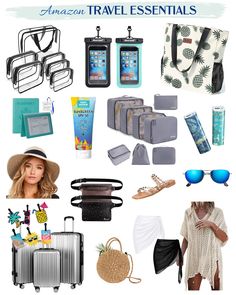 the ultimate travel essentials for women in blue, white and grey with text overlay that reads amazon travel essentials