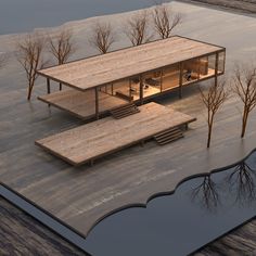 an artistic rendering of a house in the middle of a flooded area with trees and benches