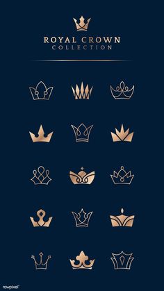 the royal crown collection is shown in gold on a dark background, and features different crowns