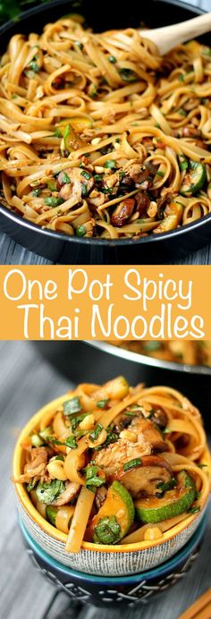 one pot spicy thai noodles with mushrooms and peppers