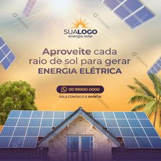 an advertisement for solar energy company with the sun shining above it and palm trees in the background