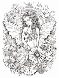 a drawing of a fairy sitting on top of flowers