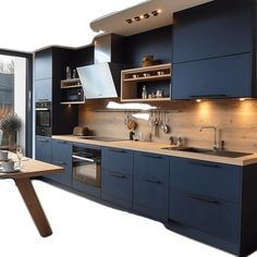 a kitchen with blue cabinets and wooden counter tops