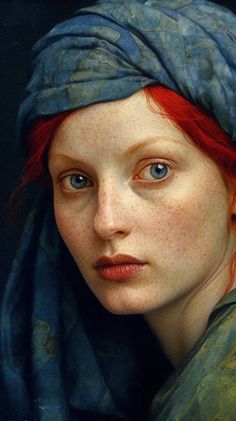 a painting of a woman with red hair wearing a blue shawl and looking at the camera