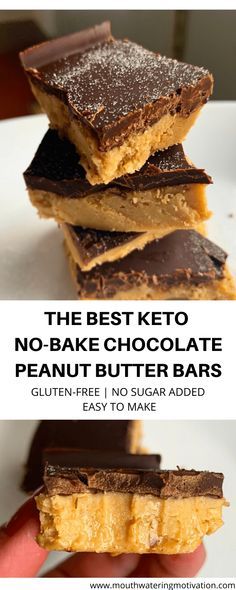 the best keto no - bake chocolate peanut butter bars are stacked on top of each other