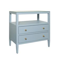 a blue nightstand with two drawers and gold knobs on the bottom shelf, against a white background