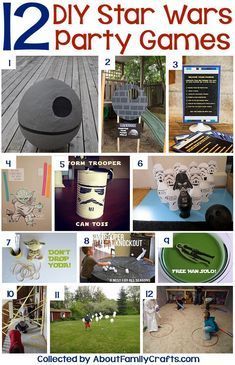 twelve diy star wars party games are featured in this collage with photos and text