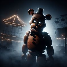 an animated character standing in front of a dark background with lights on it's sides