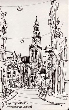 a black and white drawing of a city street