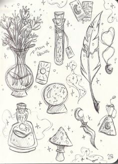 a drawing of various items that are in a vase and on the table, including an ink pen