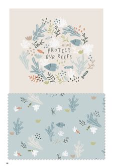 two pieces of fabric with the words protect our reefs on them and an image of birds in