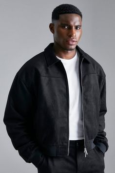 Faux Suede Boxy Collared Bomber | boohooMAN USA Men’s Fall European Fashion, Men's Bomber Jacket, Casual Rugged Mens Fashion, Fall Inspo Men, Summer Jackets Men, Casual Fancy Outfits Men, All Black Mens Outfits Casual, Men’s Casual Wear, Black Men Clothing Styles