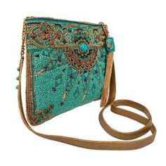 New Day Crossbody Handbag Mary Frances Bags, Mary Frances, Purse Styles, Jewelry Outfit, Beaded Bags, Natural Turquoise, Turquoise Gemstone, Metallic Logo, Crossbody Strap