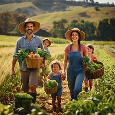 a group of people walking down a dirt road holding baskets filled with fruit and vegetables