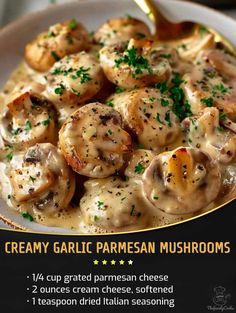 creamy garlic parmesan mushrooms served in a white bowl