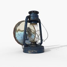 an old fashioned blue lantern is shown on a white background, with the light shining through it