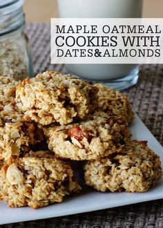 maple oatmeal cookies with dates and almonds on a plate next to a glass of milk