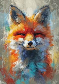 a painting of a fox with orange, blue and yellow colors on it's face