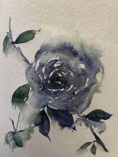 a watercolor painting of a rose with green leaves