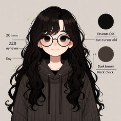 a drawing of a girl with long black hair and glasses on her face is shown