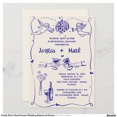 a blue and white wedding card with the words please you're for a remarkable dinner