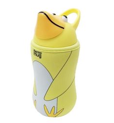 a yellow and white plastic cup with a cartoon character on the side, sitting in front of a white background