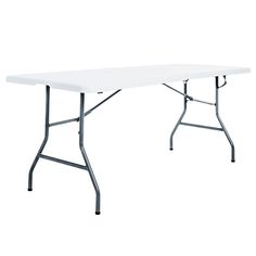 a white rectangular table with black legs on a white background in front of a white backdrop