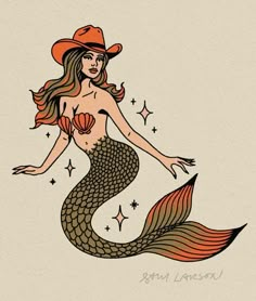 a drawing of a mermaid wearing a hat and holding a starfish in her hand