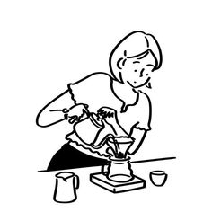 a black and white drawing of a woman pouring something into a cup on a table