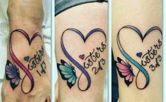 three different tattoos with hearts and words on their arms, one has a butterfly in the middle