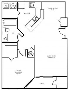 the floor plan for a one bedroom apartment with an attached kitchen and living room area