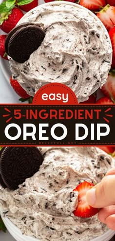 an oreo dip in a bowl with strawberries on the side