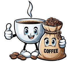 coffee bag mascot with thumbs up and holding a sack of coffee beans cartoon character for business purposes